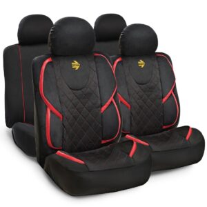 FUNDA CUBRE ASIENTOS MOMO NEGRO/ROJO GAMUZA BORDADO BRODERIE ROJO (SET COMPLETO P/AUTO/SUV/PICK UP/ETC)